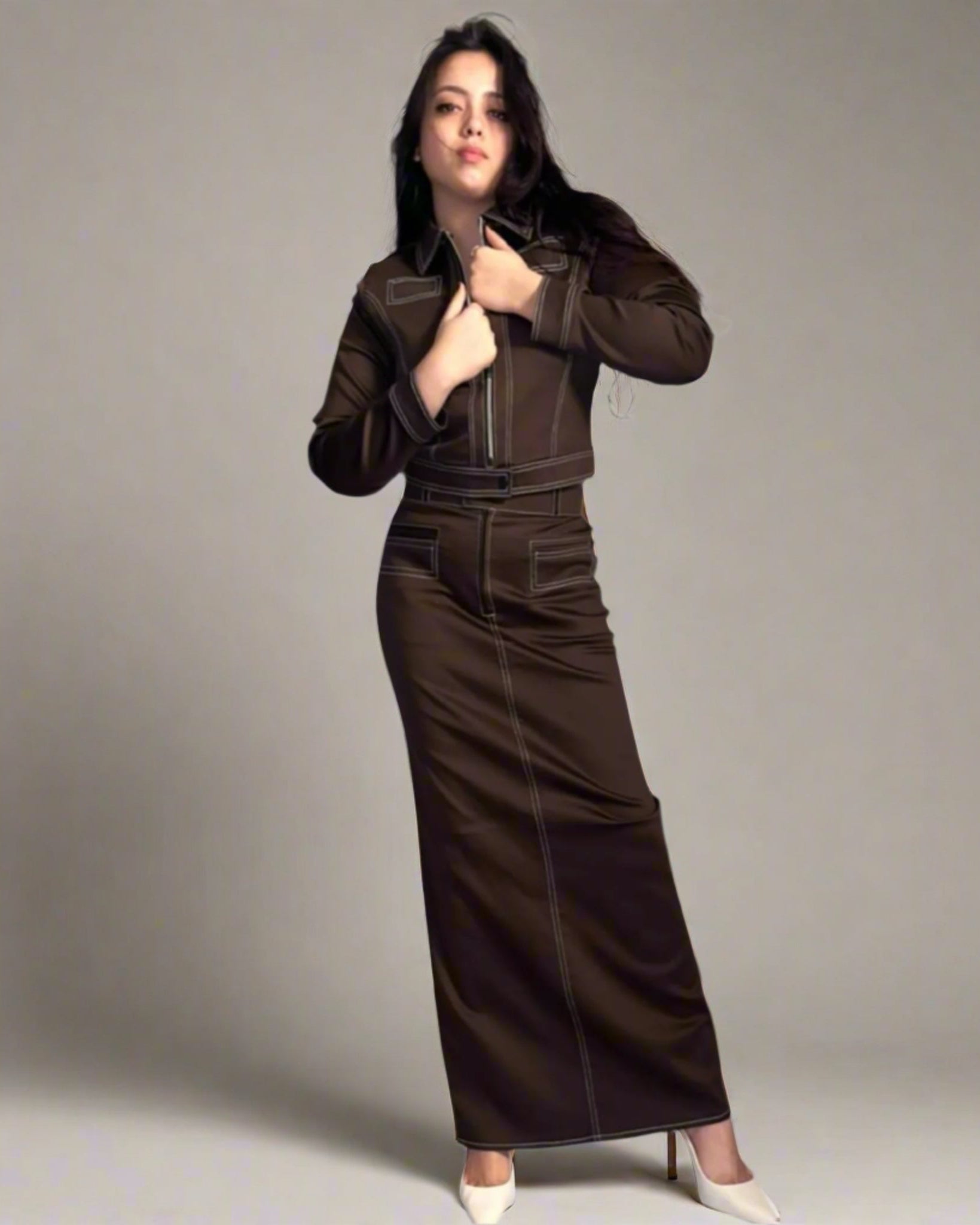 Double stitch jacket -maxi skirt set