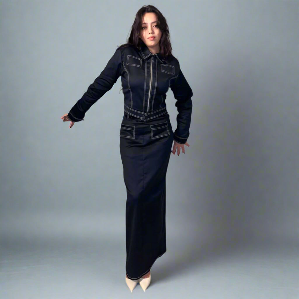 Double stitch jacket -maxi skirt set
